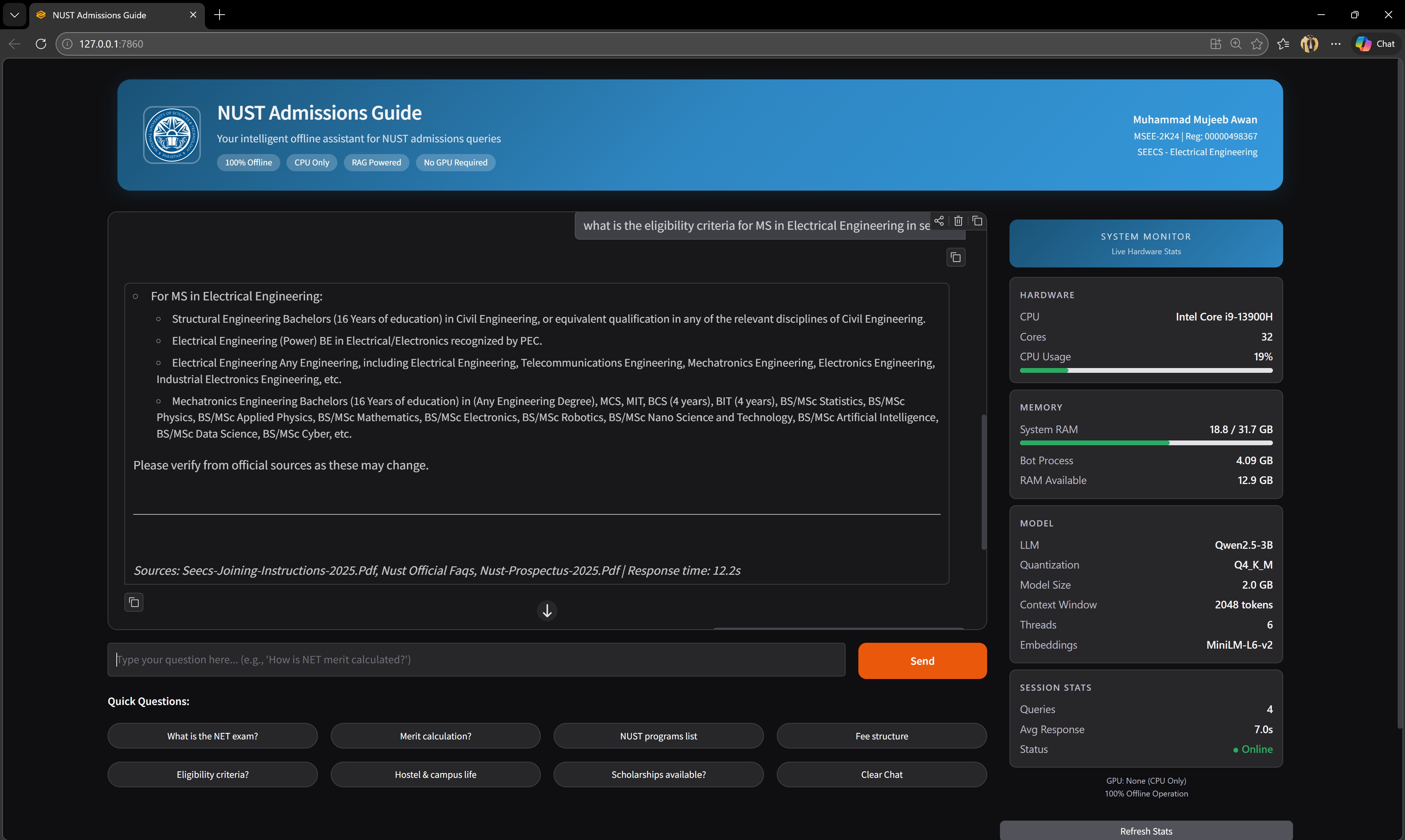 Chatbot answering eligibility criteria with source documents