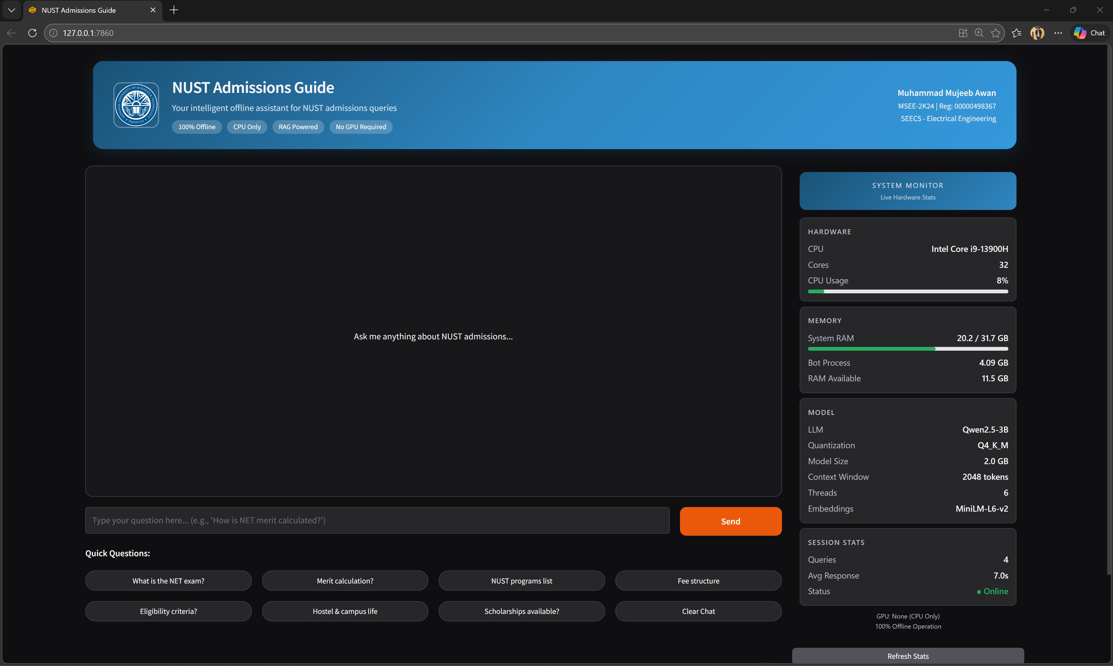 NUST Chatbot main interface with system monitor showing CPU inference