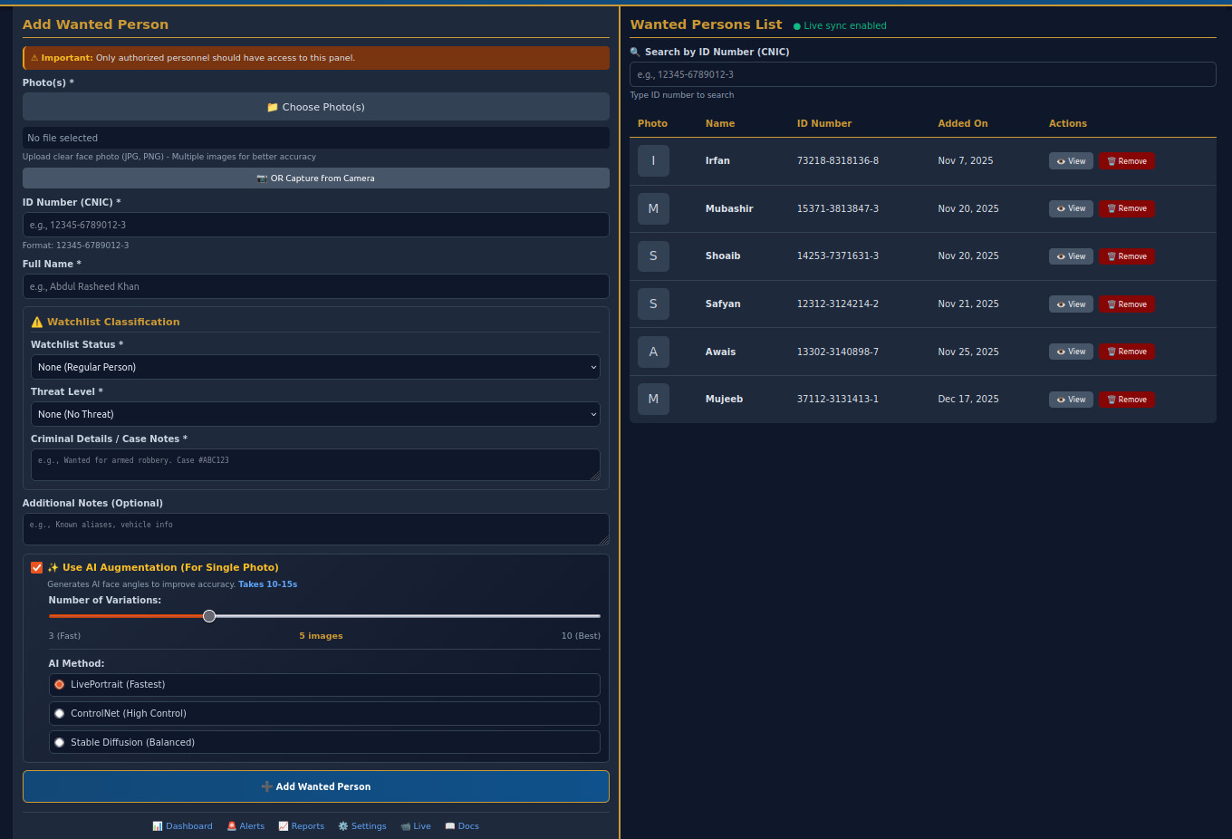 Admin panel with person enrollment and watchlist management