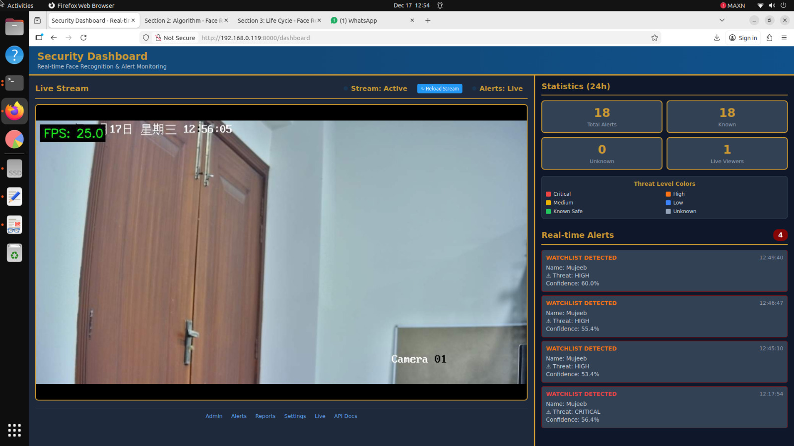 Security Dashboard with live stream, real-time alerts, and 24h statistics